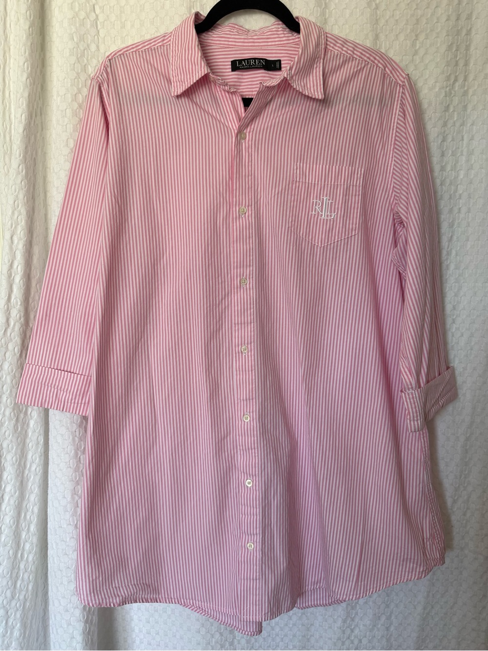 Lauren Ralph Lauren Pink White Stripe Logo Button Up Tunic Shirt Dress Large - Picture 2 of 7